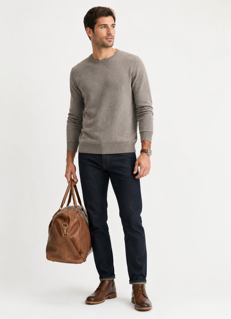 prAna North Loop Organic Cotton Crewneck Sweater Men's M Taupe Brown Knit